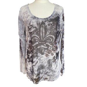 Rock & Republic Sheer Fleur De Lis Angel Wings Top Y2K Goth Edgy Rocker-XL